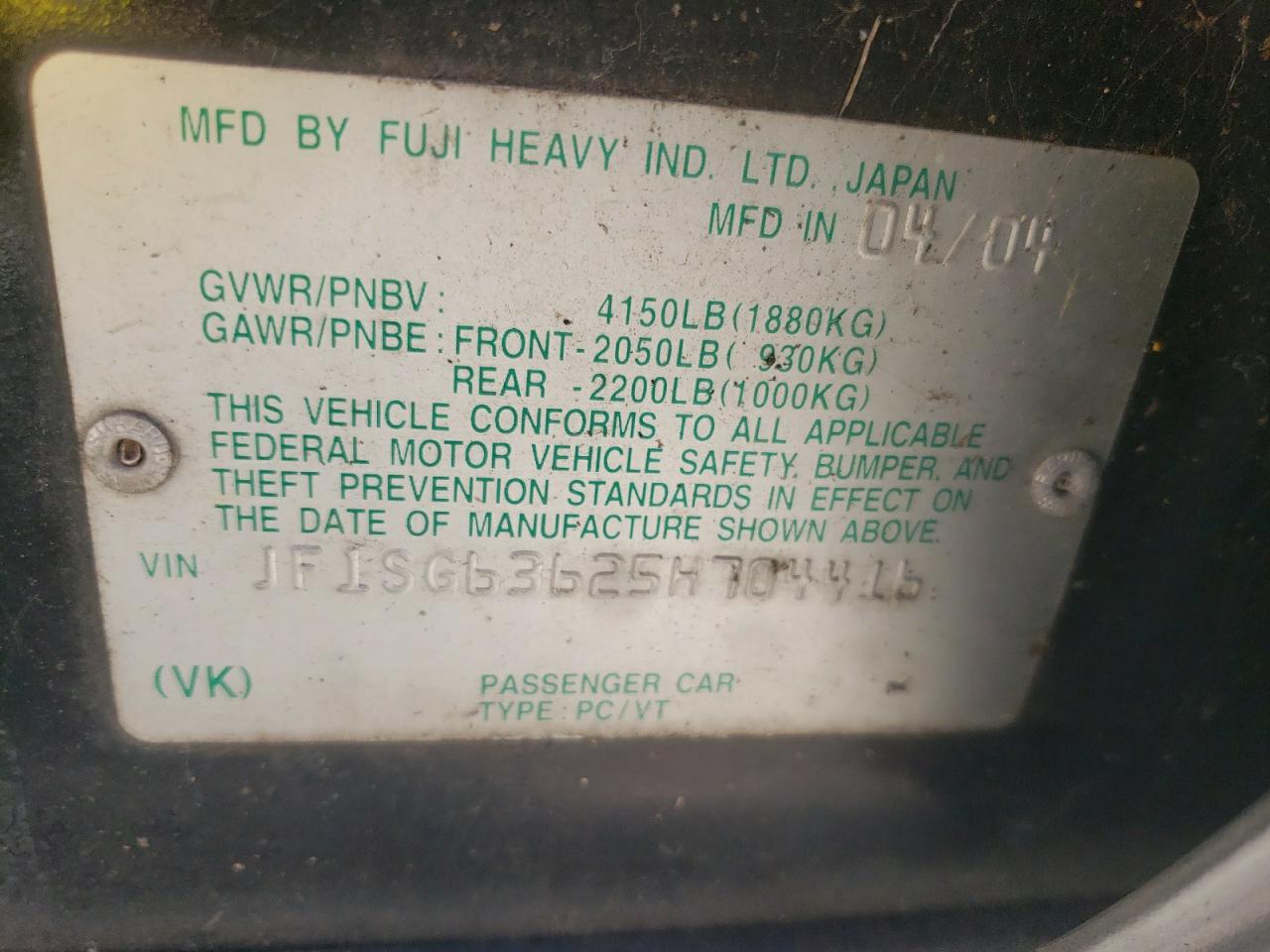 Photo 10 from auction – 2005 SUBARU FORESTER 2 with VIN JF1SG63625H704416
