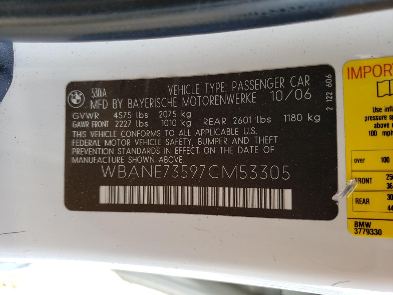 Photo 10 from auction – 2007 BMW 530 I with VIN WBANE73597CM53305