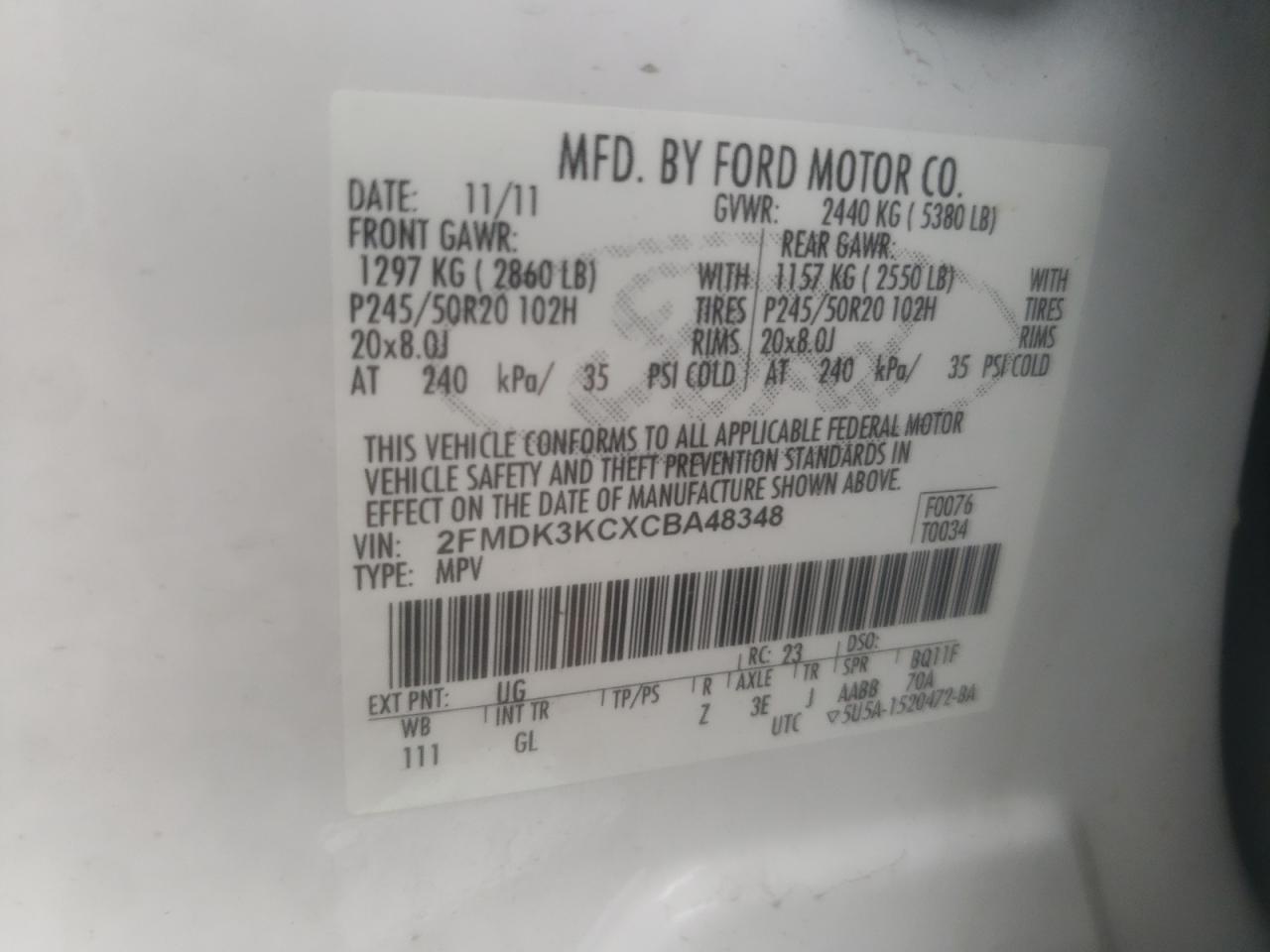 Photo 10 from auction – 2012 FORD EDGE LIMIT with VIN 2FMDK3KCXCBA48348