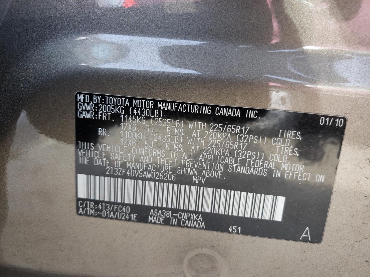 Photo 10 from auction – 2010 TOYOTA RAV4 with VIN 2T3ZF4DV5AW026206