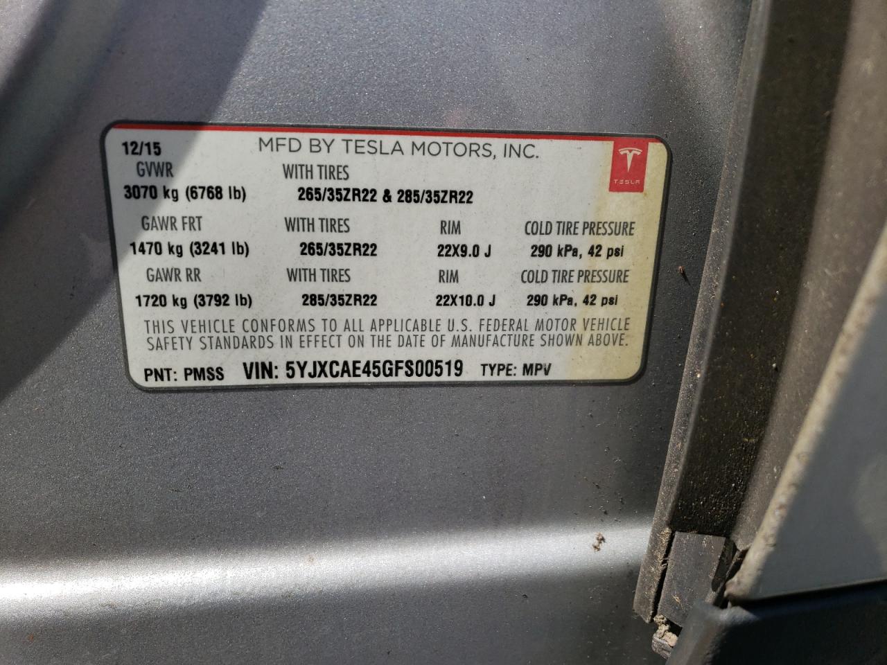 Photo 10 from auction – 2016 TESLA MODEL X with VIN 5YJXCAE45GFS00519