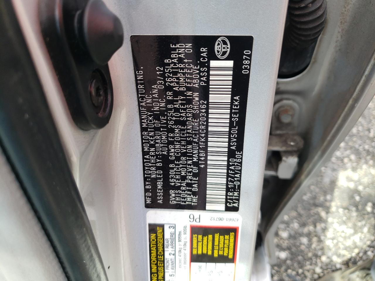 Photo 10 from auction – 2012 TOYOTA CAMRY BASE with VIN 4T4BF1FK4CR203462