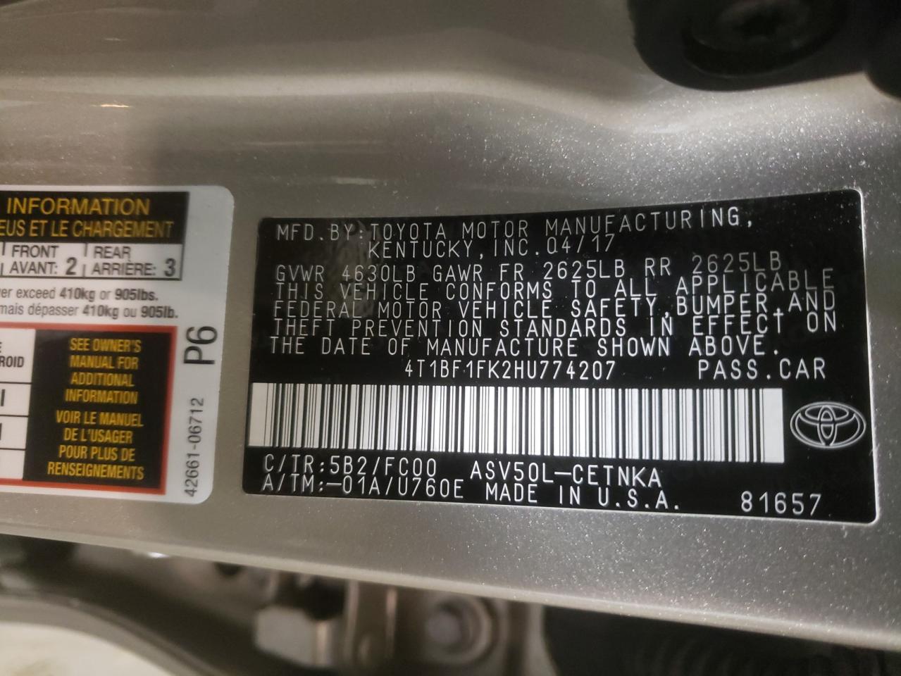 Photo 10 from auction – 2017 TOYOTA CAMRY LE with VIN 4T1BF1FK2HU774207