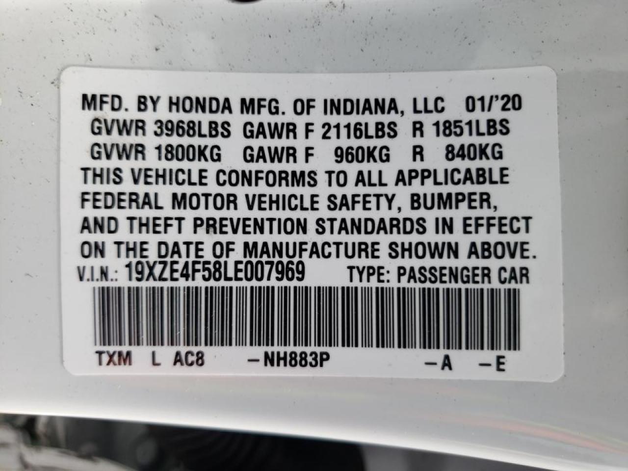 Photo 10 from auction – 2020 HONDA INSIGHT EX with VIN 19XZE4F58LE007969