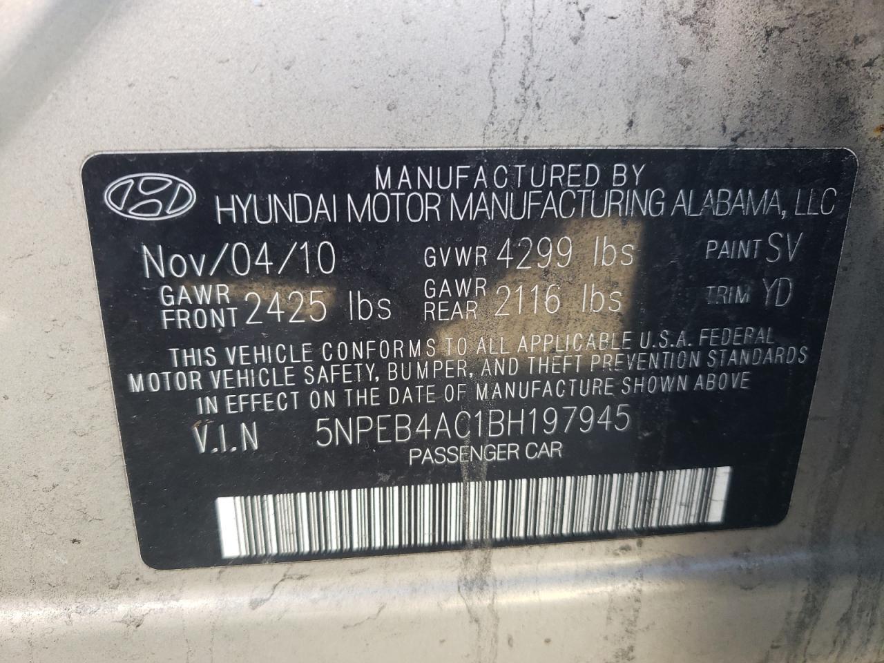 Photo 10 from auction – 2011 HYUNDAI SONATA GLS with VIN 5NPEB4AC1BH197945