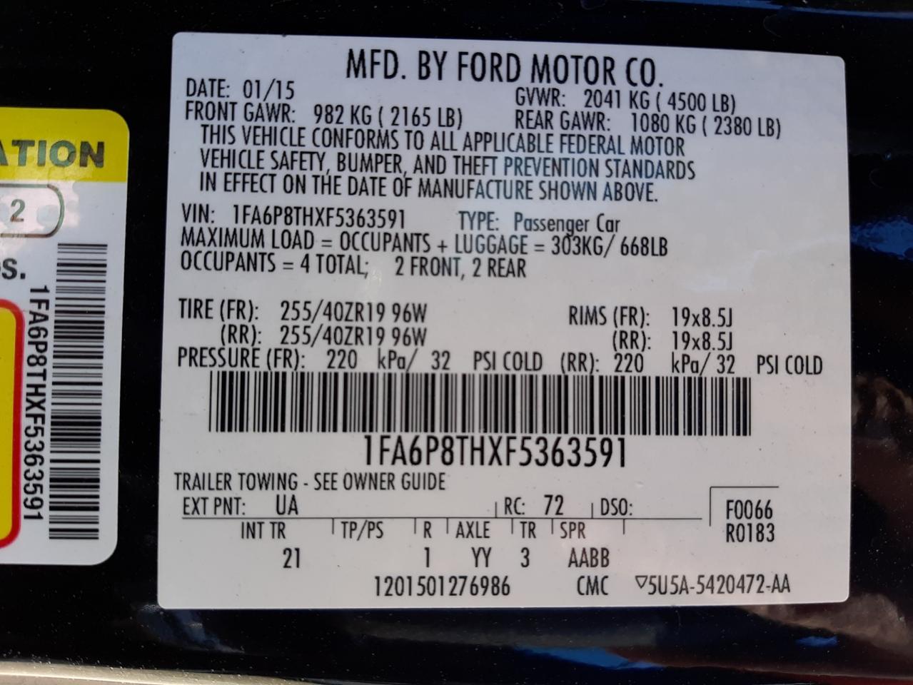 Photo 10 from auction – 2015 FORD MUSTANG with VIN 1FA6P8THXF5363591