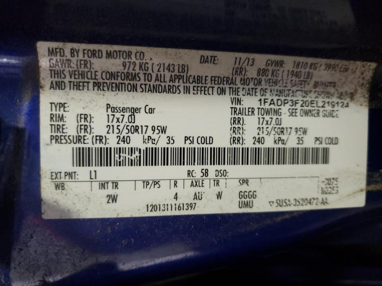 Photo 10 from auction – 2014 FORD FOCUS SE with VIN 1FADP3F20EL219124