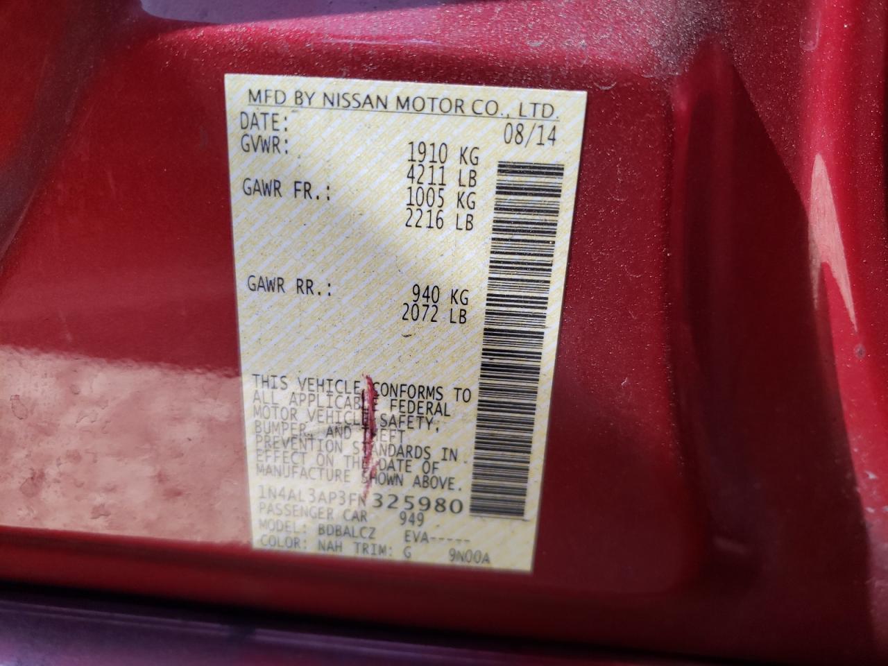 Photo 10 from auction – 2015 NISSAN ALTIMA 2.5 with VIN 1N4AL3AP3FN325980
