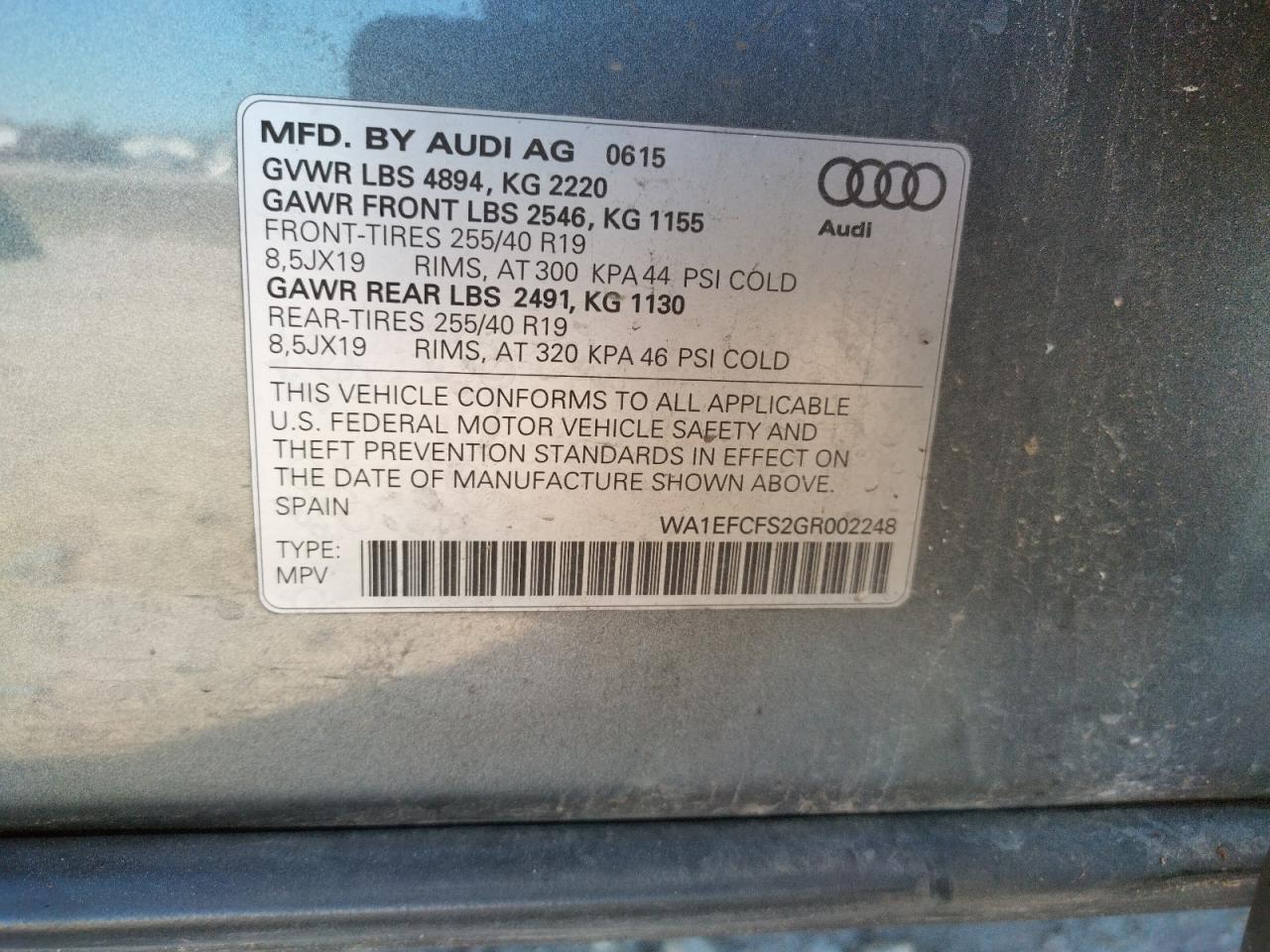 Photo 10 from auction – 2016 AUDI Q3 PREMIUM with VIN WA1EFCFS2GR002248