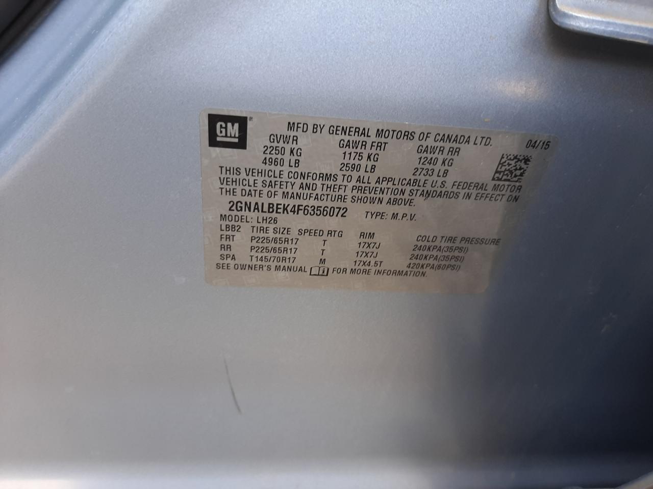 Photo 10 from auction – 2015 CHEVROLET EQUINOX LT with VIN 2GNALBEK4F6356072