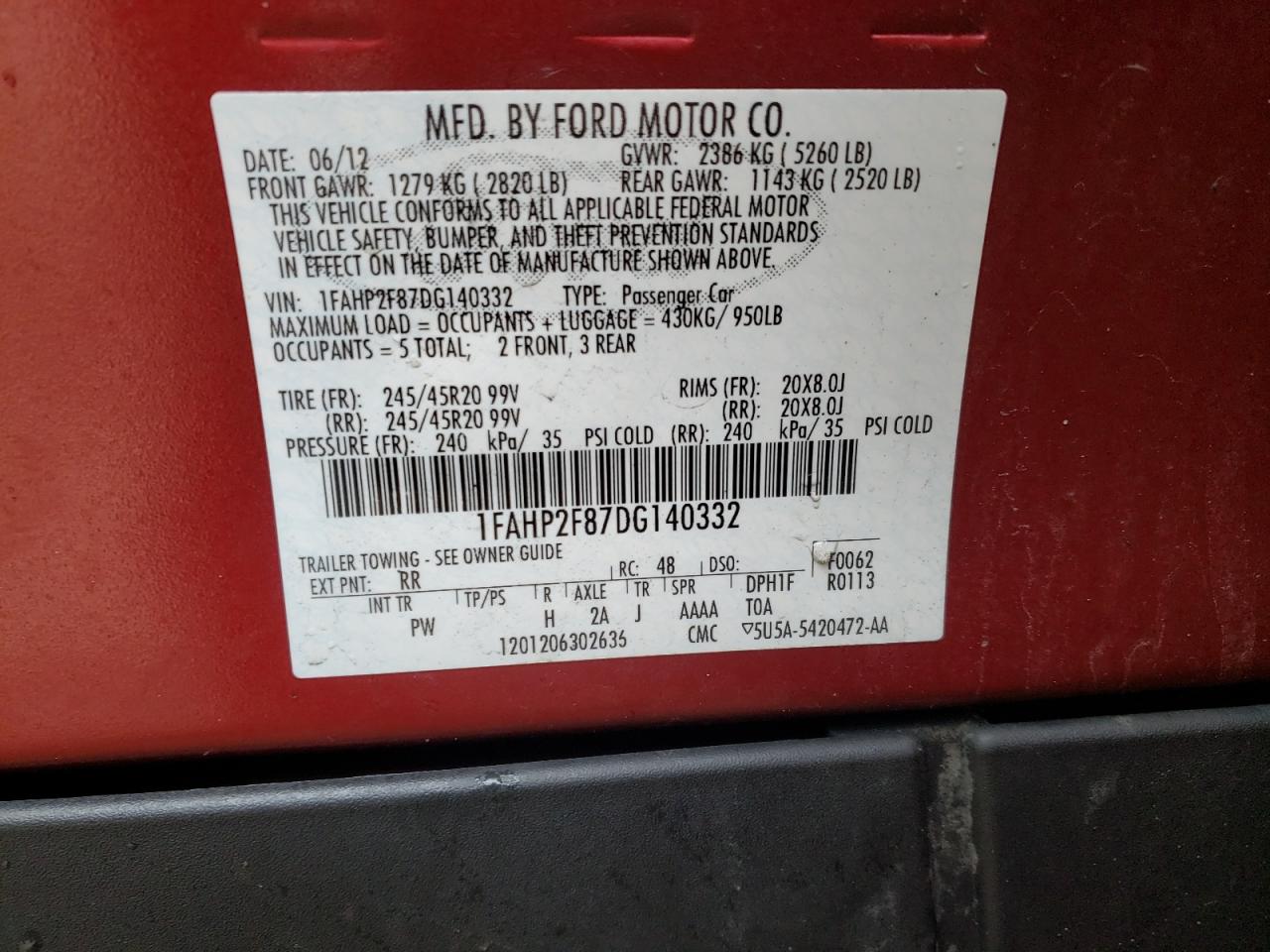 Photo 10 from auction – 2013 FORD TAURUS LIM with VIN 1FAHP2F87DG140332