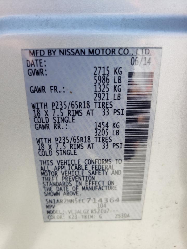 Photo 10 from auction – 2014 NISSAN PATHFINDER with VIN 5N1AR2MN5EC714364