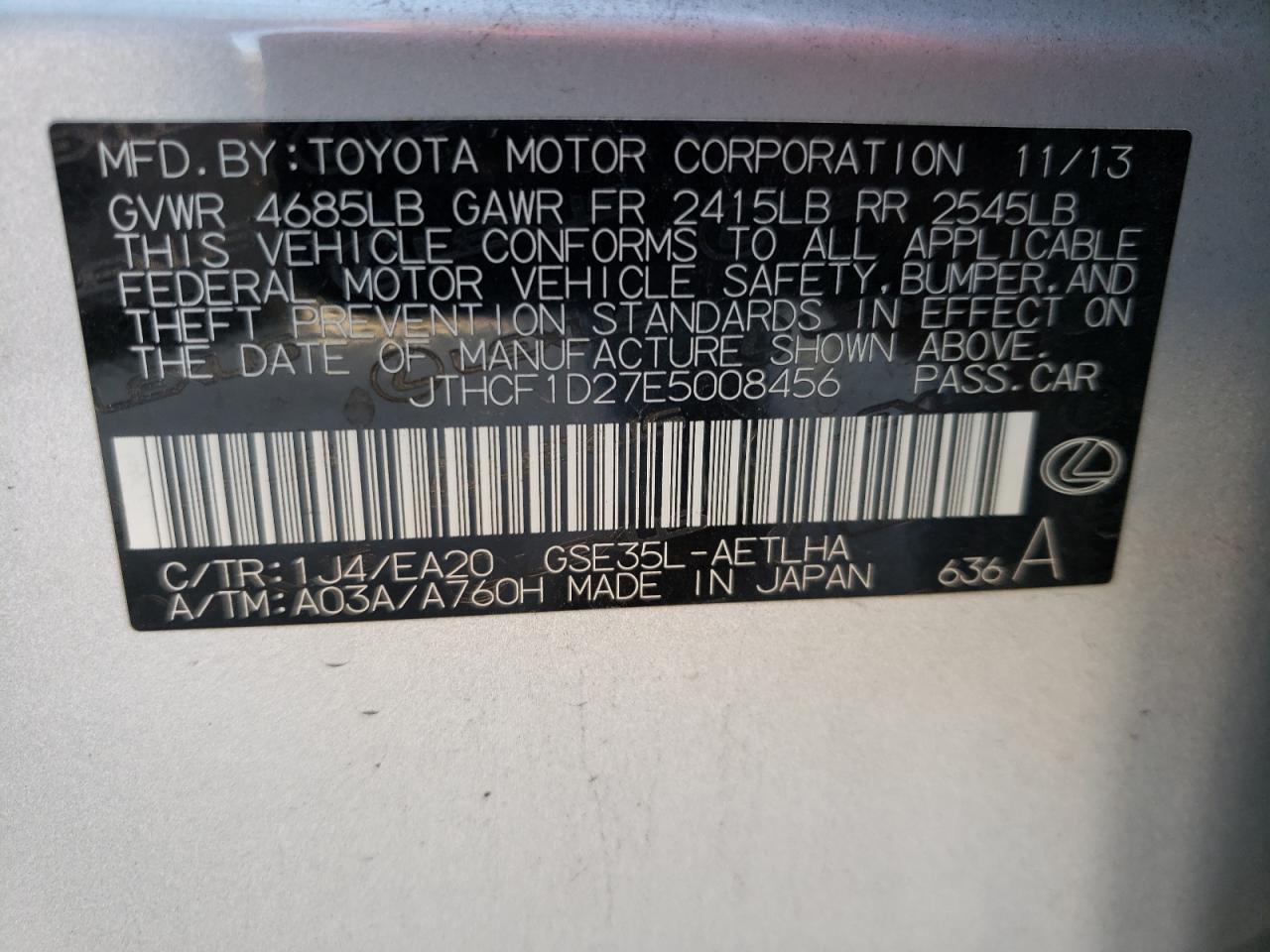 Photo 10 from auction – 2014 LEXUS IS 250 with VIN JTHCF1D27E5008456