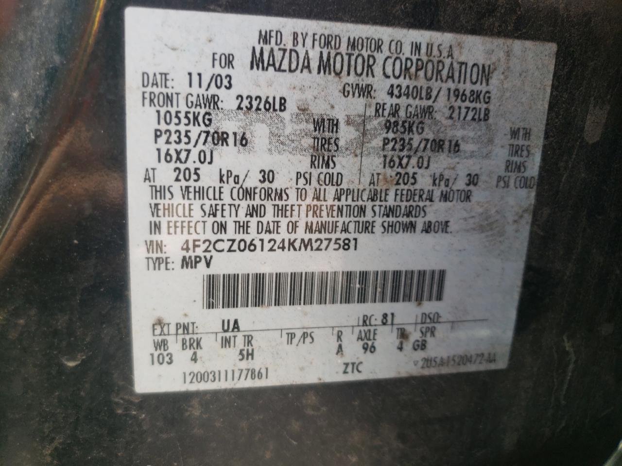 Photo 10 from auction – 2004 MAZDA TRIBUTE ES with VIN 4F2CZ06124KM27581