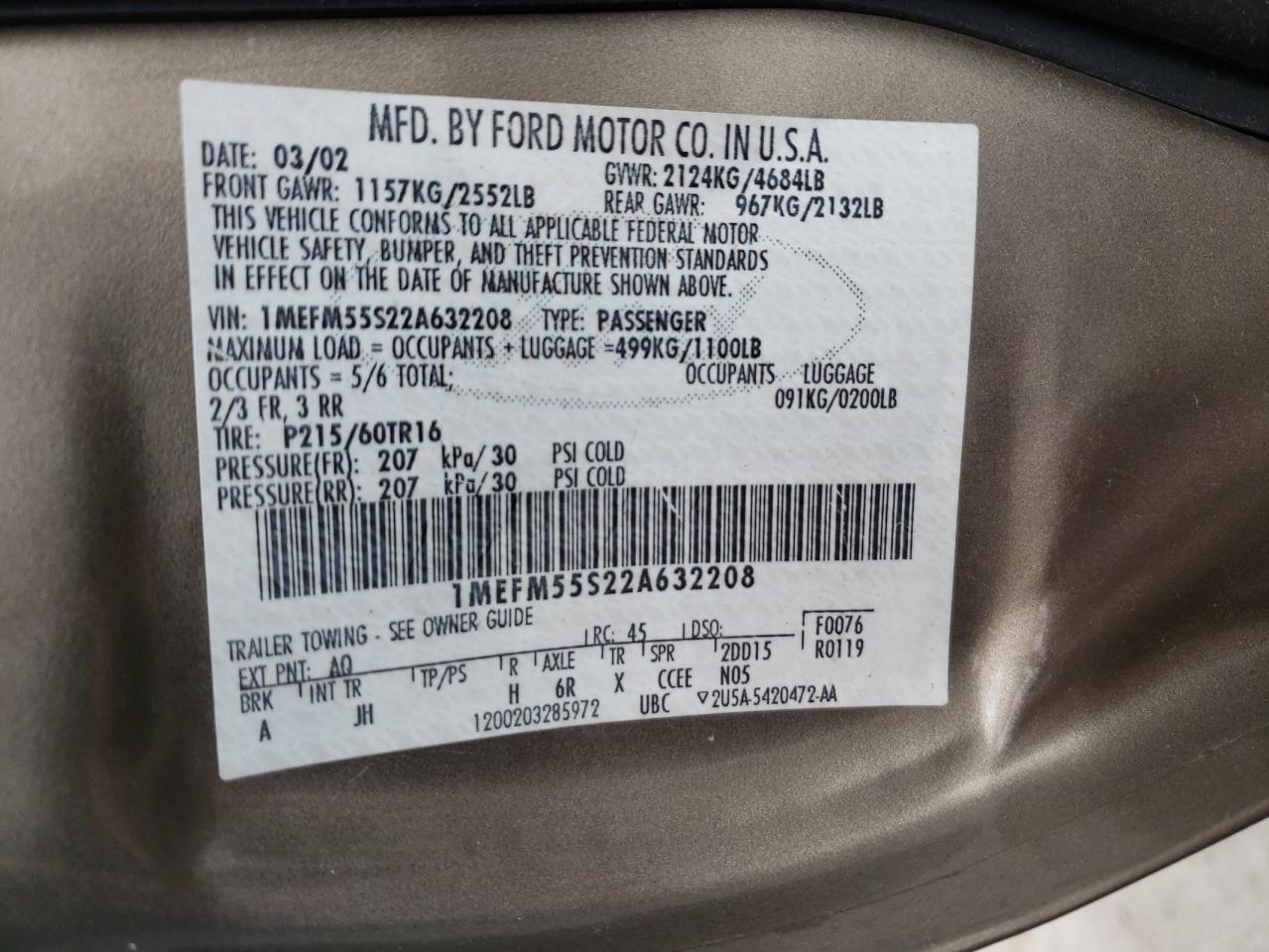 Photo 10 from auction – 2002 MERCURY SABLE with VIN 1MEFM55S22A632208