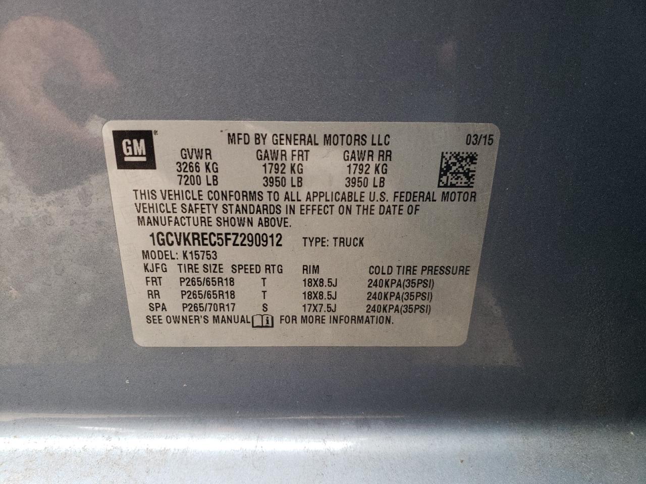 Photo 10 from auction – 2015 CHEVROLET SILVERADO with VIN 1GCVKREC5FZ290912