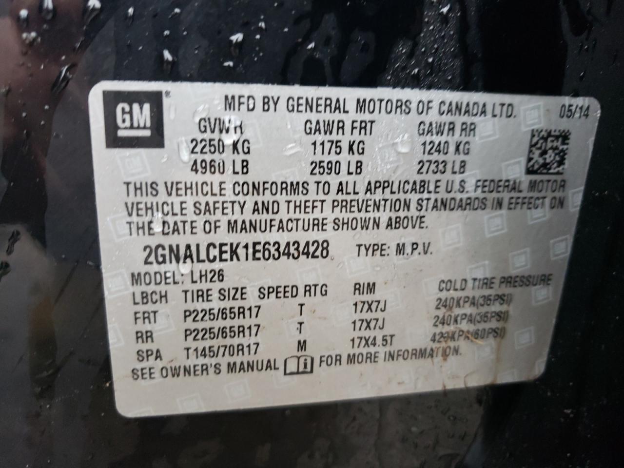 Photo 10 from auction – 2014 CHEVROLET EQUINOX LT with VIN 2GNALCEK1E6343428