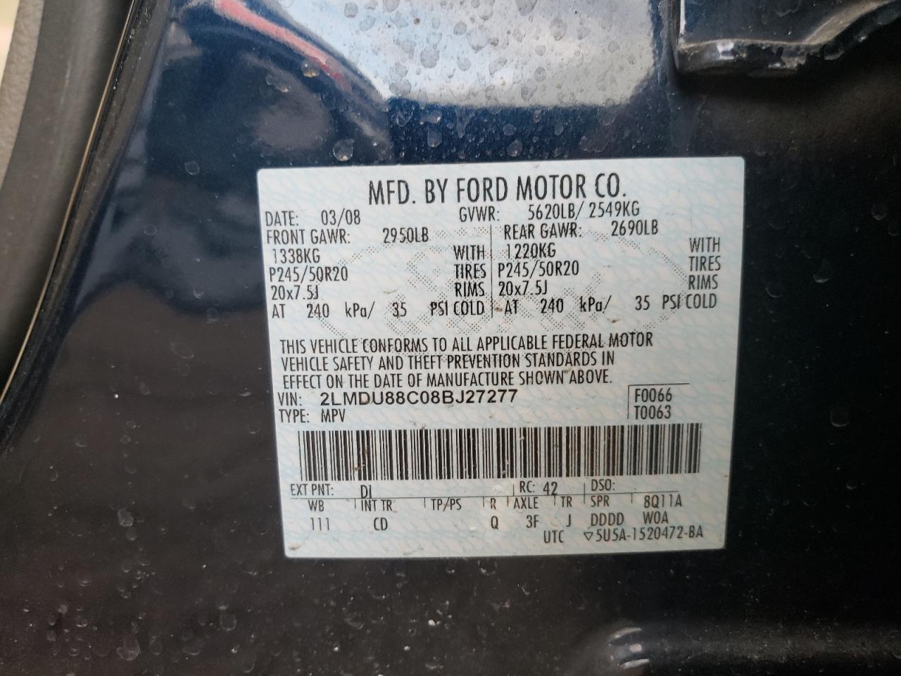 Photo 10 from auction – 2008 LINCOLN MKX with VIN 2LMDU88C08BJ27277