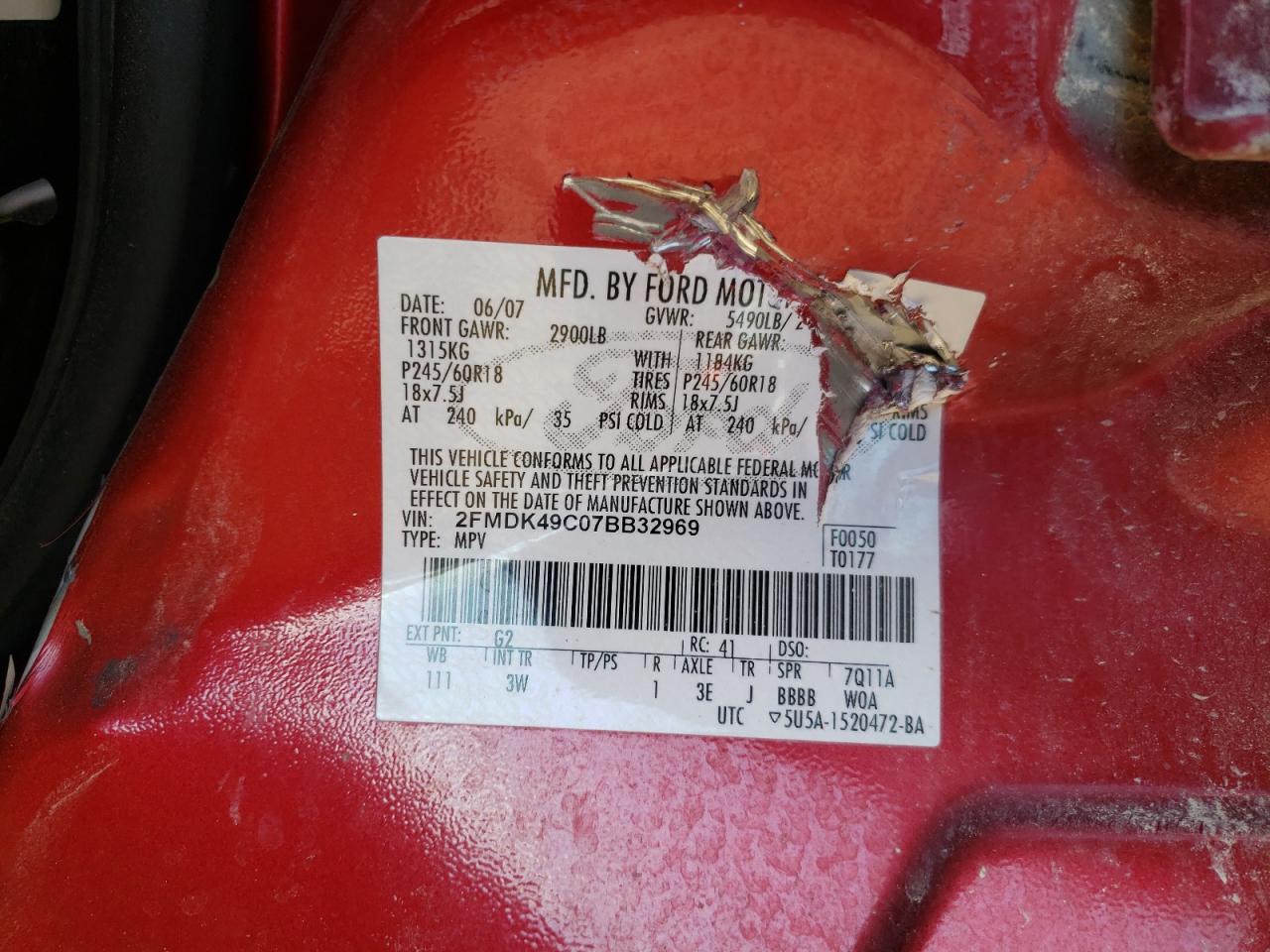 Photo 10 from auction – 2007 FORD EDGE SEL P with VIN 2FMDK49C07BB32969