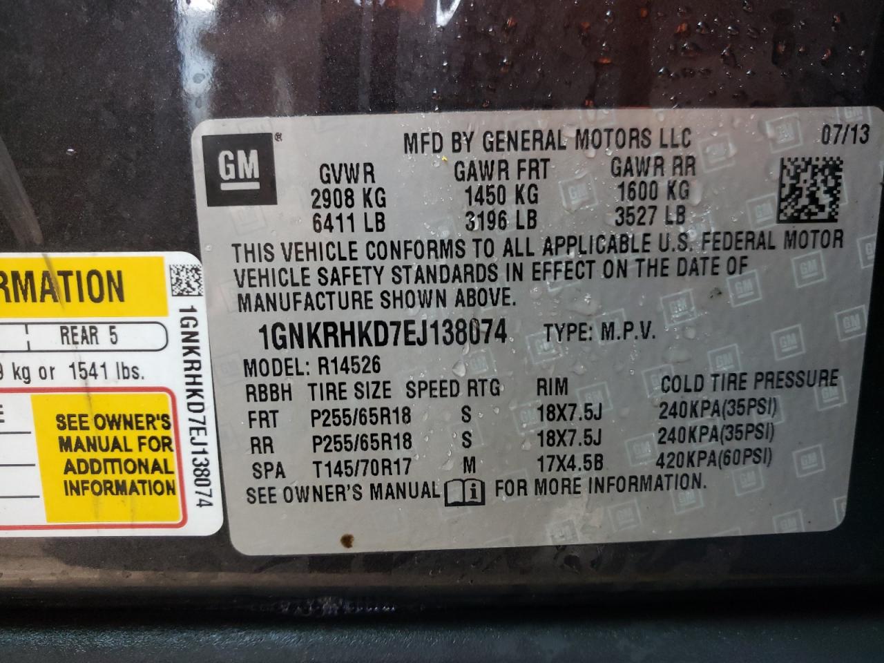 Photo 10 from auction – 2014 CHEVROLET TRAVERSE L with VIN 1GNKRHKD7EJ138074