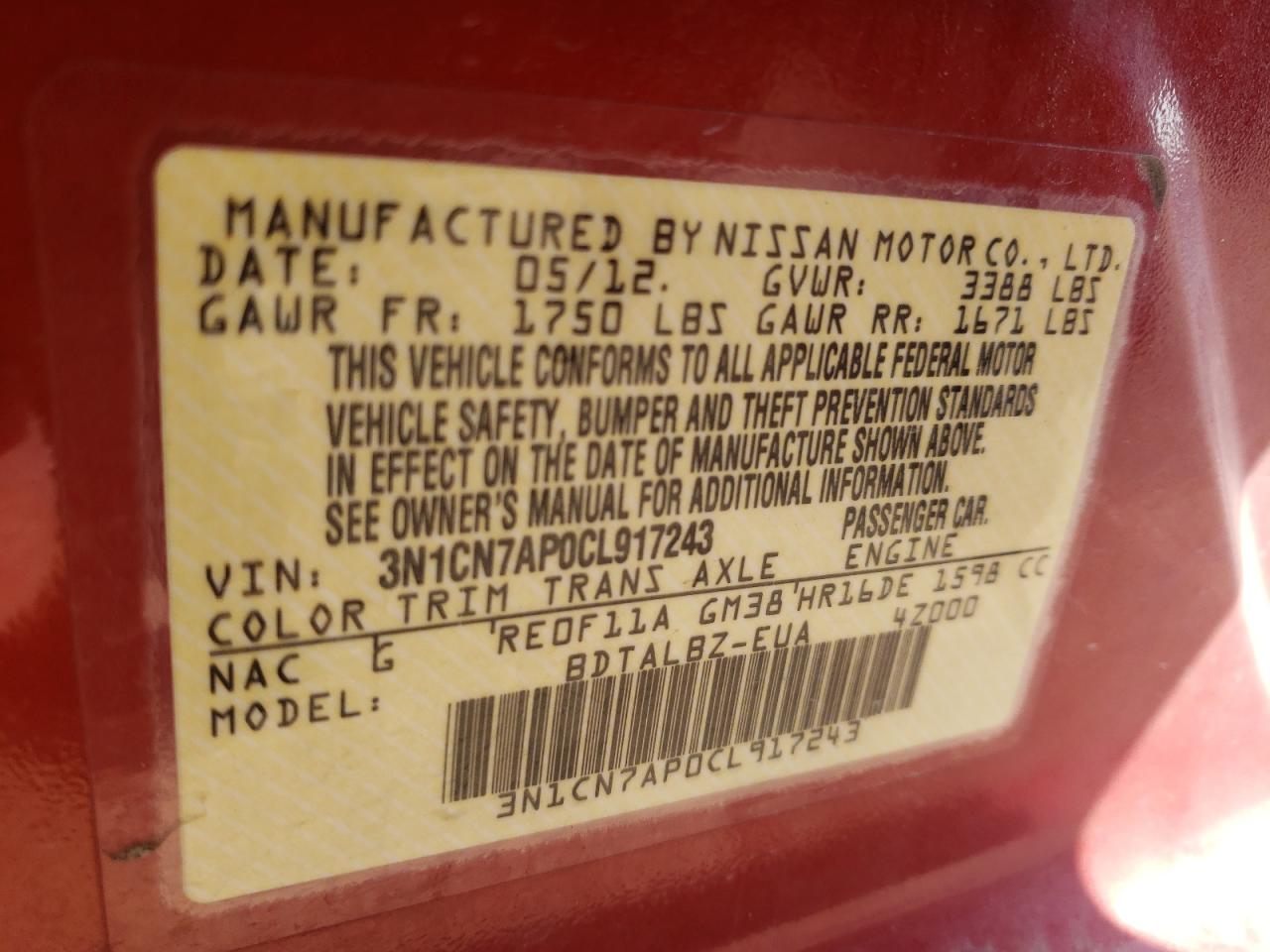 Photo 10 from auction – 2012 NISSAN VERSA S with VIN 3N1CN7AP0CL917243