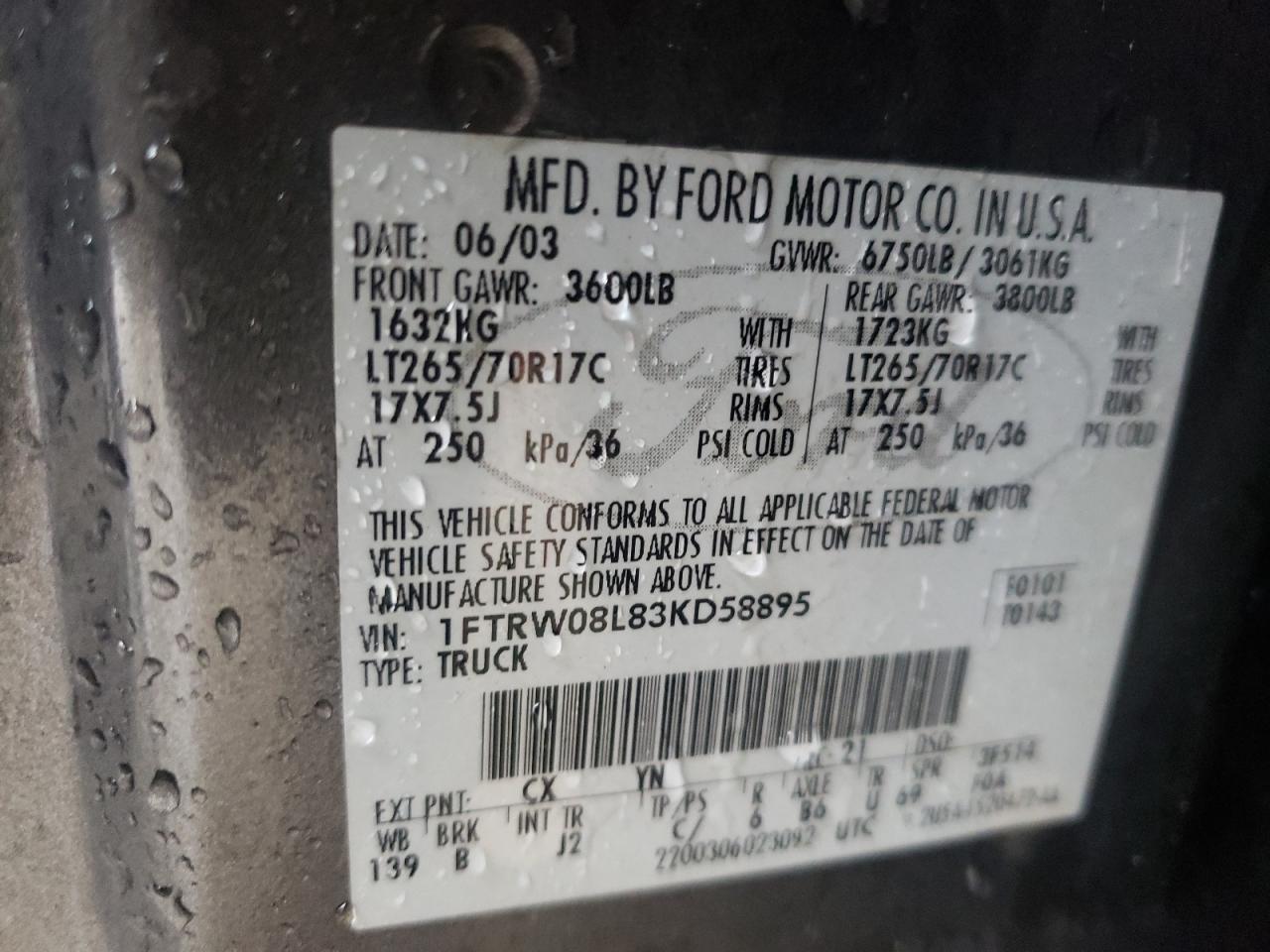 Photo 10 from auction – 2003 FORD F150 SUPER with VIN 1FTRW08L83KD58895