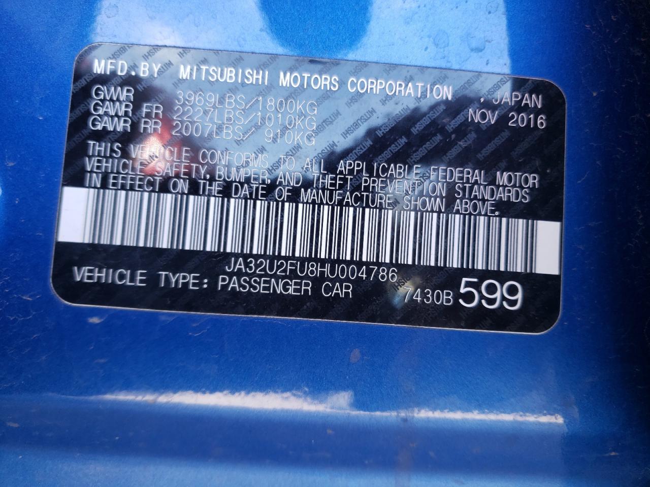 Photo 10 from auction – 2017 MITSUBISHI LANCER ES with VIN JA32U2FU8HU004786