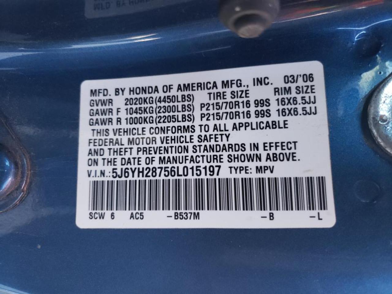 Photo 10 from auction – 2006 HONDA ELEMENT EX with VIN 5J6YH28756L015197