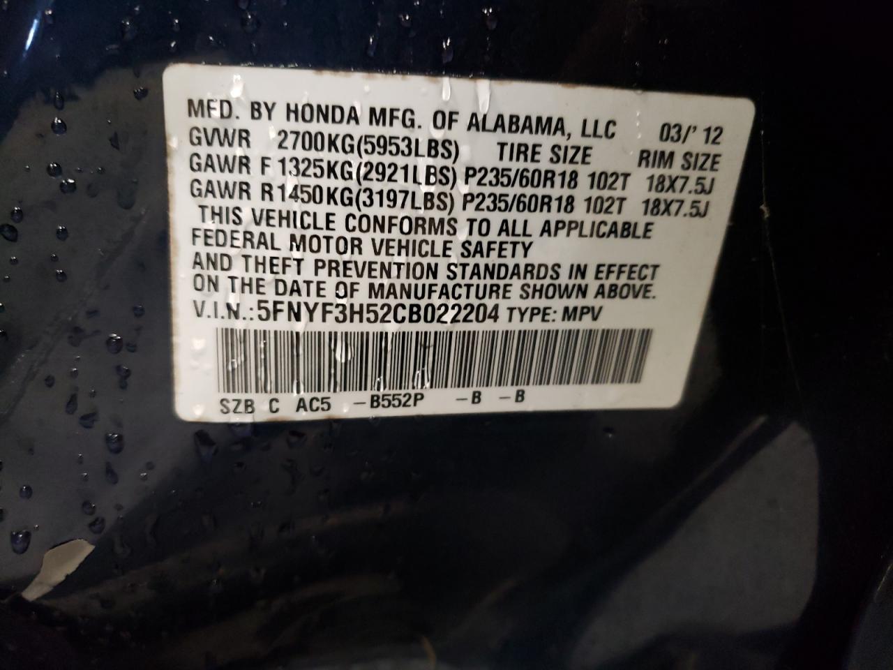 Photo 10 from auction – 2012 HONDA PILOT EXL with VIN 5FNYF3H52CB022204