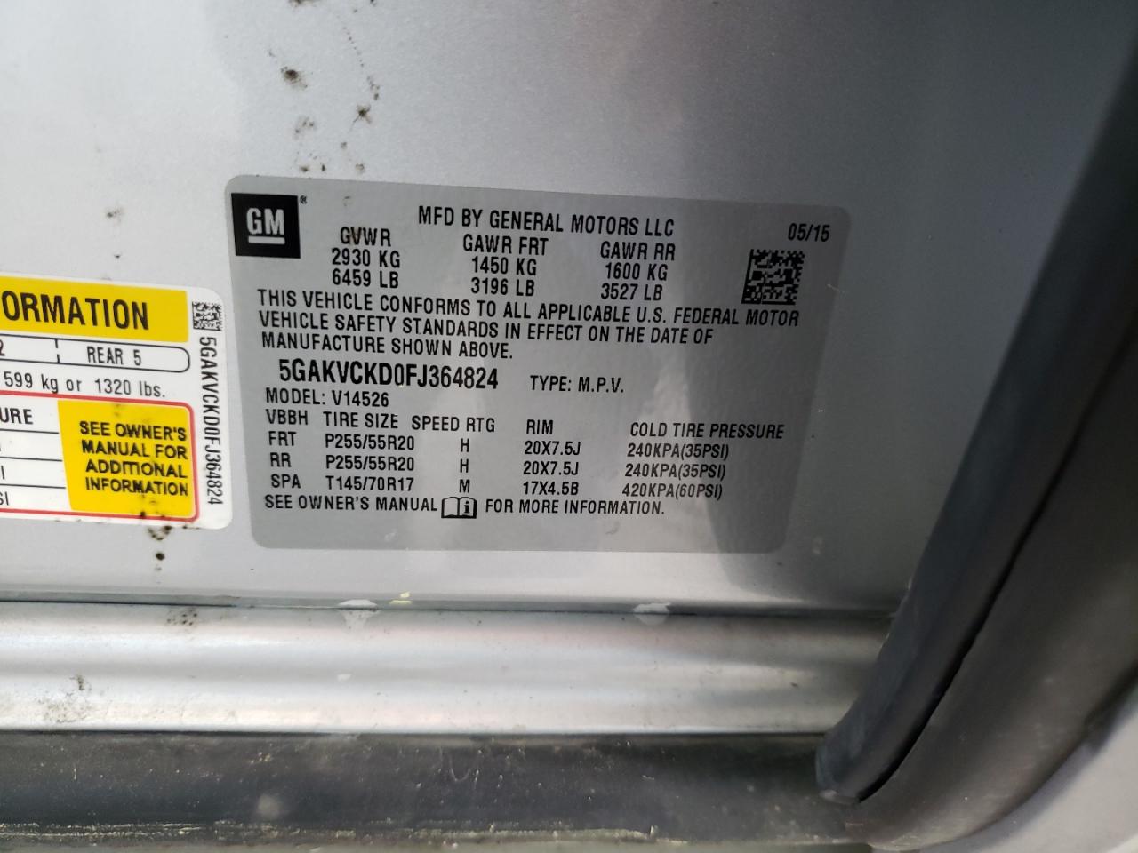 Photo 10 from auction – 2015 BUICK ENCLAVE with VIN 5GAKVCKD0FJ364824