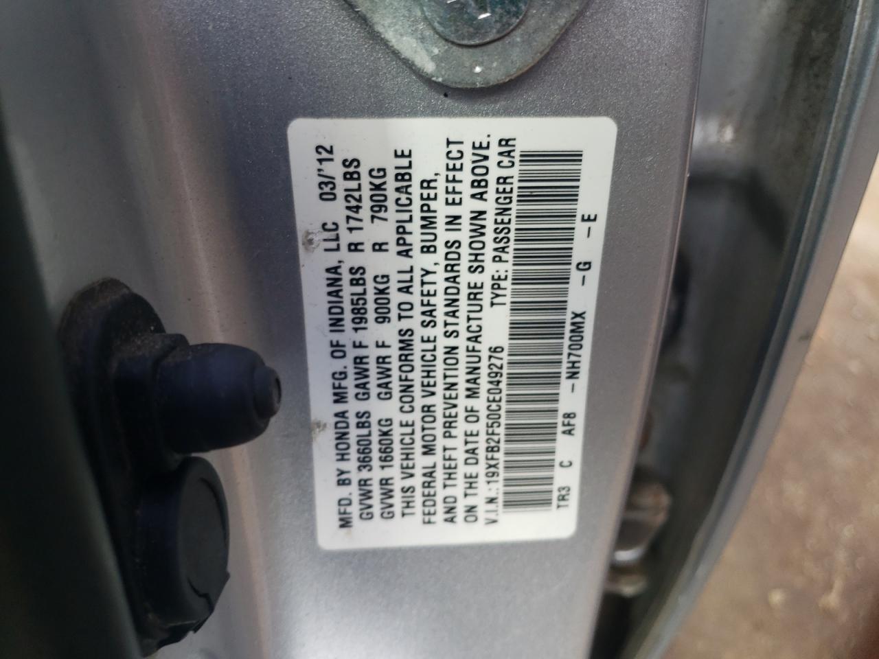 Photo 10 from auction – 2012 HONDA CIVIC with VIN 19XFB2F50CE049276