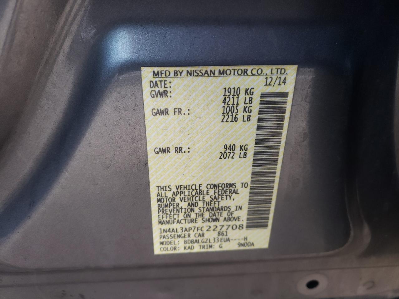Photo 10 from auction – 2015 NISSAN ALTIMA 2.5 with VIN 1N4AL3AP7FC227708