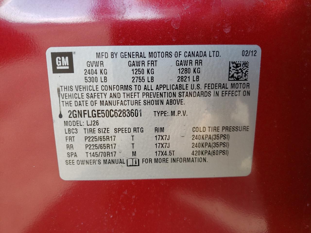 Photo 10 from auction – 2012 CHEVROLET EQUINOX LT with VIN 2GNFLGE50C6283601