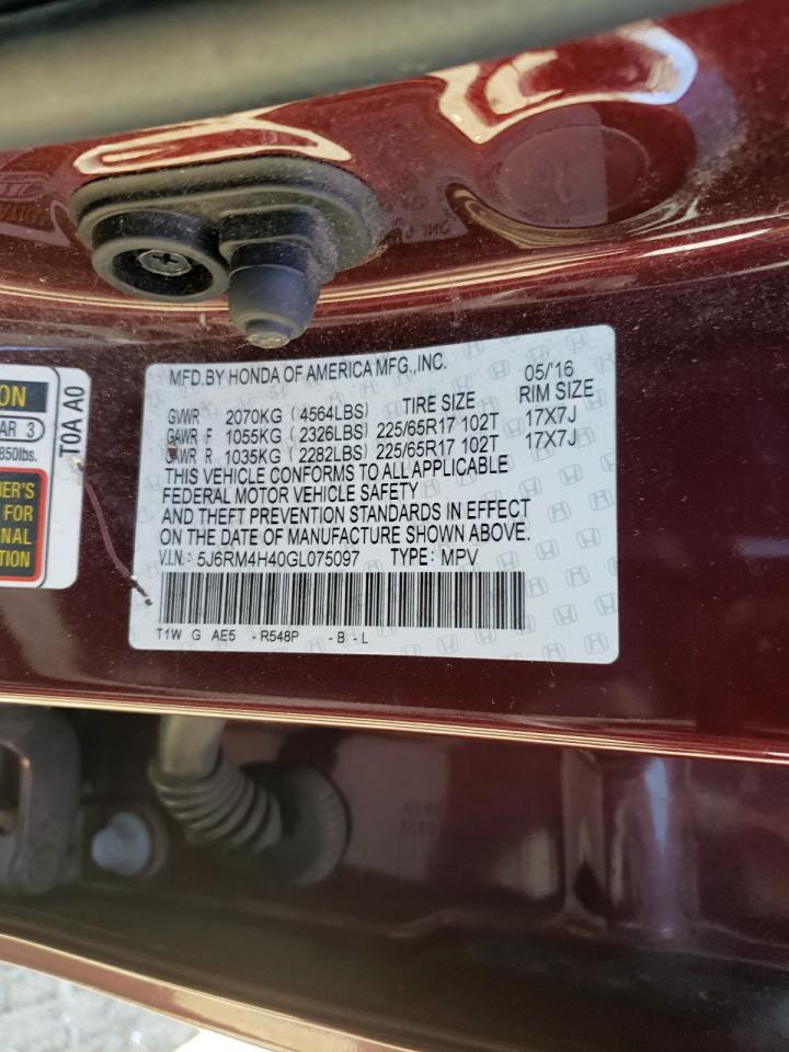 Photo 10 from auction – 2016 HONDA CR-V SE with VIN 5J6RM4H40GL075097