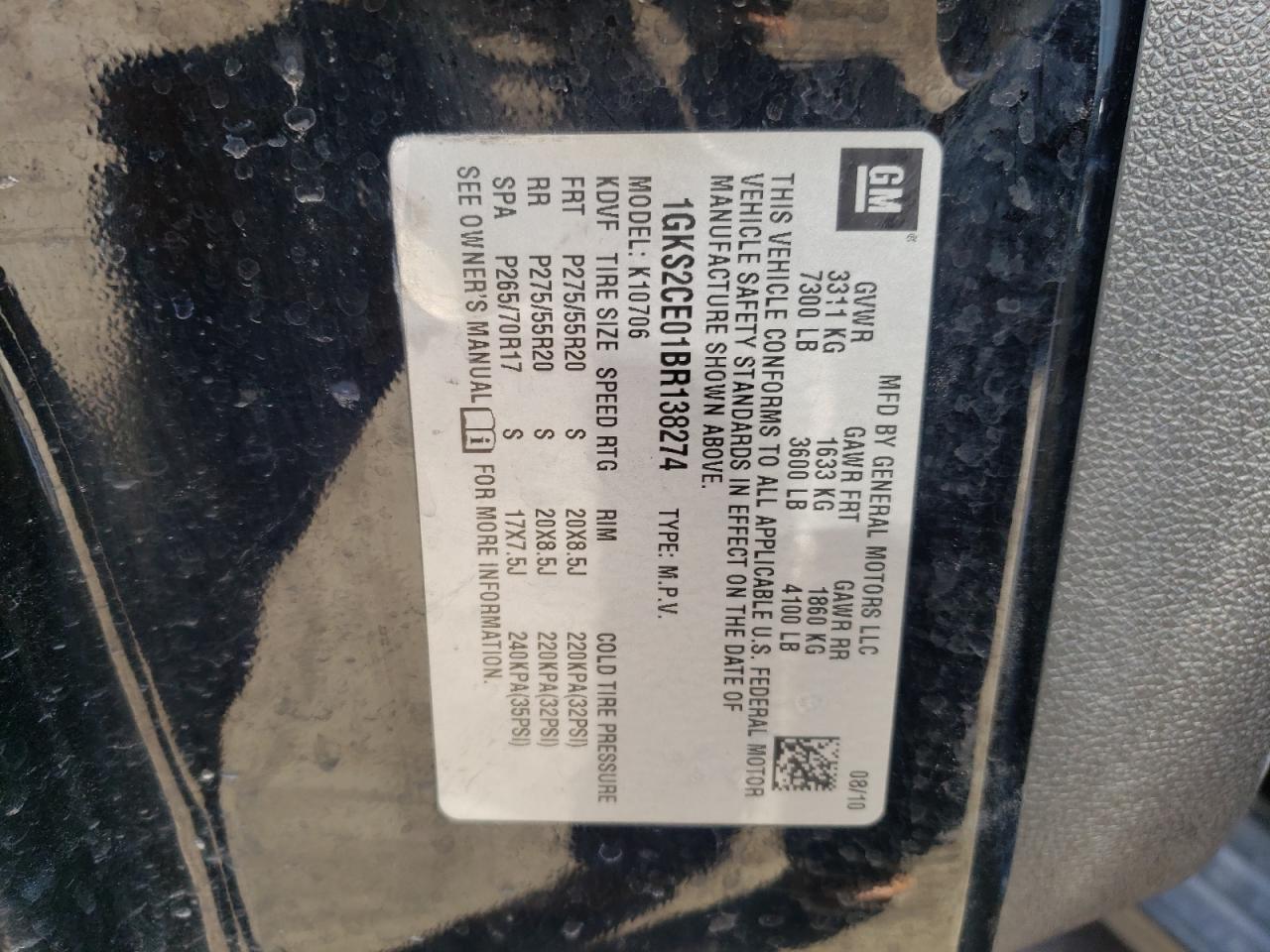 Photo 10 from auction – 2011 GMC YUKON SLT with VIN 1GKS2CE01BR138274