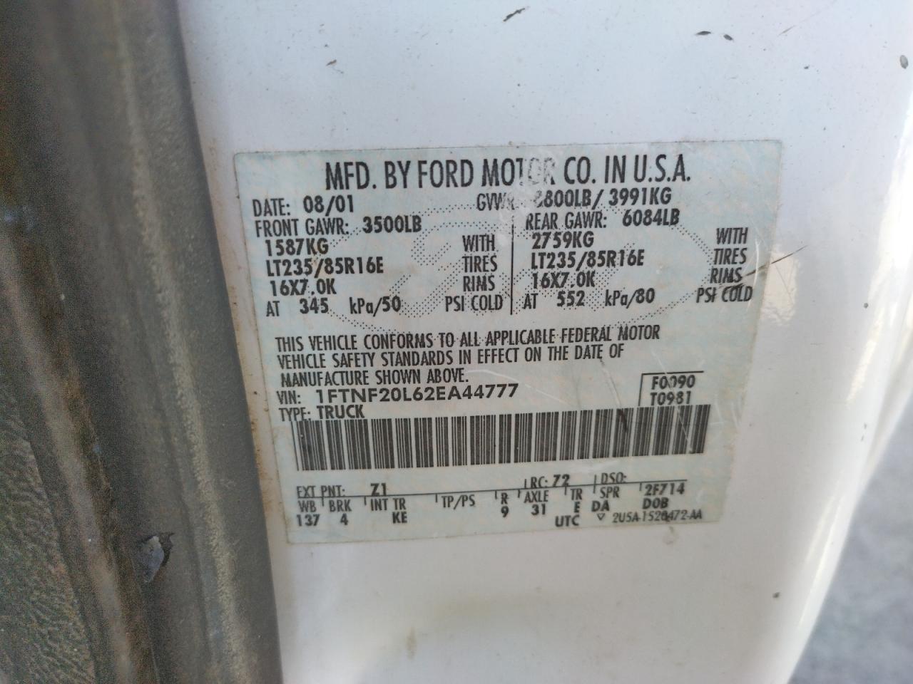 Photo 10 from auction – 2002 FORD F250 SUPER with VIN 1FTNF20L62EA44777