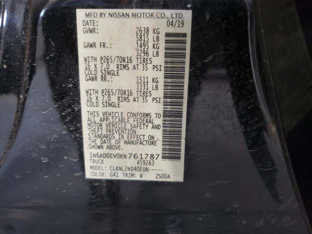 Photo 10 from auction – 2019 NISSAN FRONTIER S with VIN 1N6AD0EV0KN761787