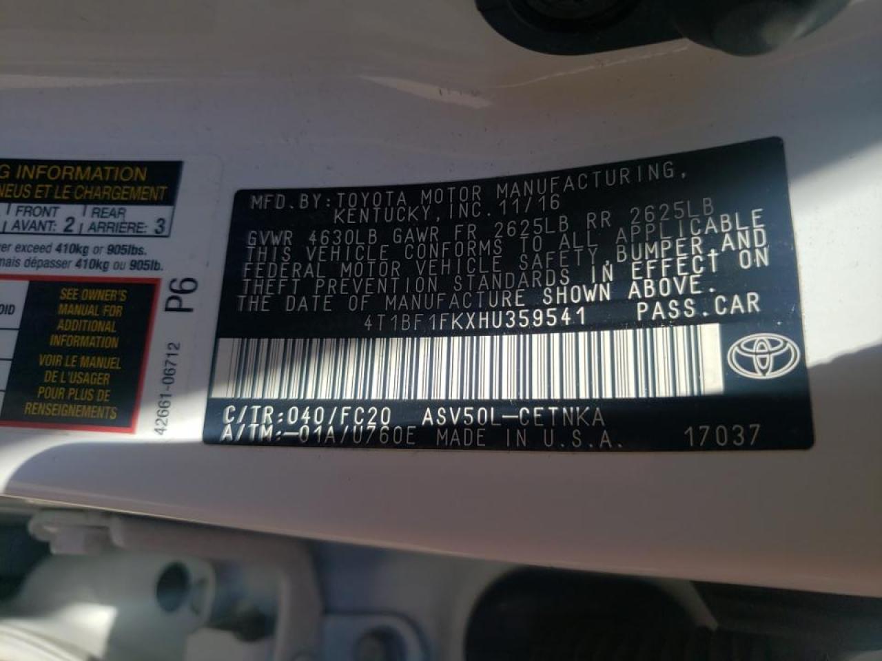 Photo 10 from auction – 2017 TOYOTA CAMRY LE with VIN 4T1BF1FKXHU359541