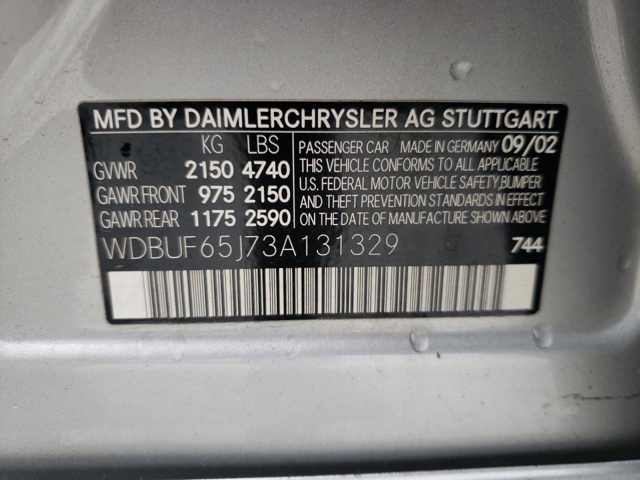 Photo 10 from auction – 2003 MERCEDES-BENZ E 320 with VIN WDBUF65J73A131329