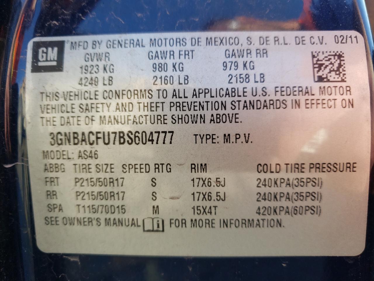 Photo 10 from auction – 2011 CHEVROLET HHR LT with VIN 3GNBACFU7BS604777