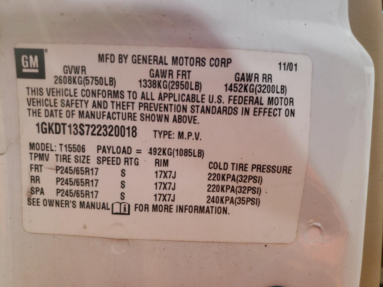 Photo 10 from auction – 2002 GMC ENVOY with VIN 1GKDT13S722320018