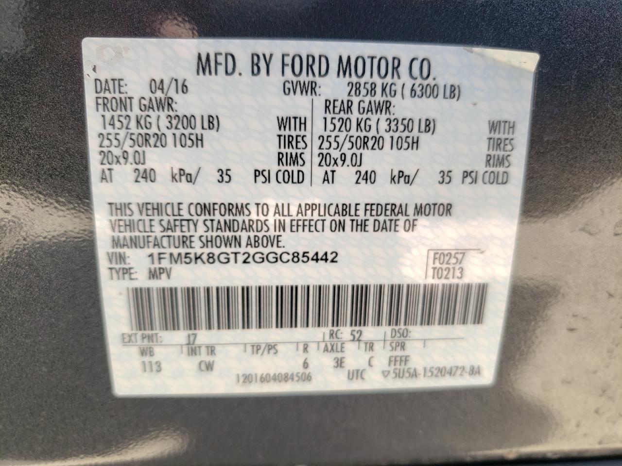 Photo 10 from auction – 2016 FORD EXPLORER S with VIN 1FM5K8GT2GGC85442