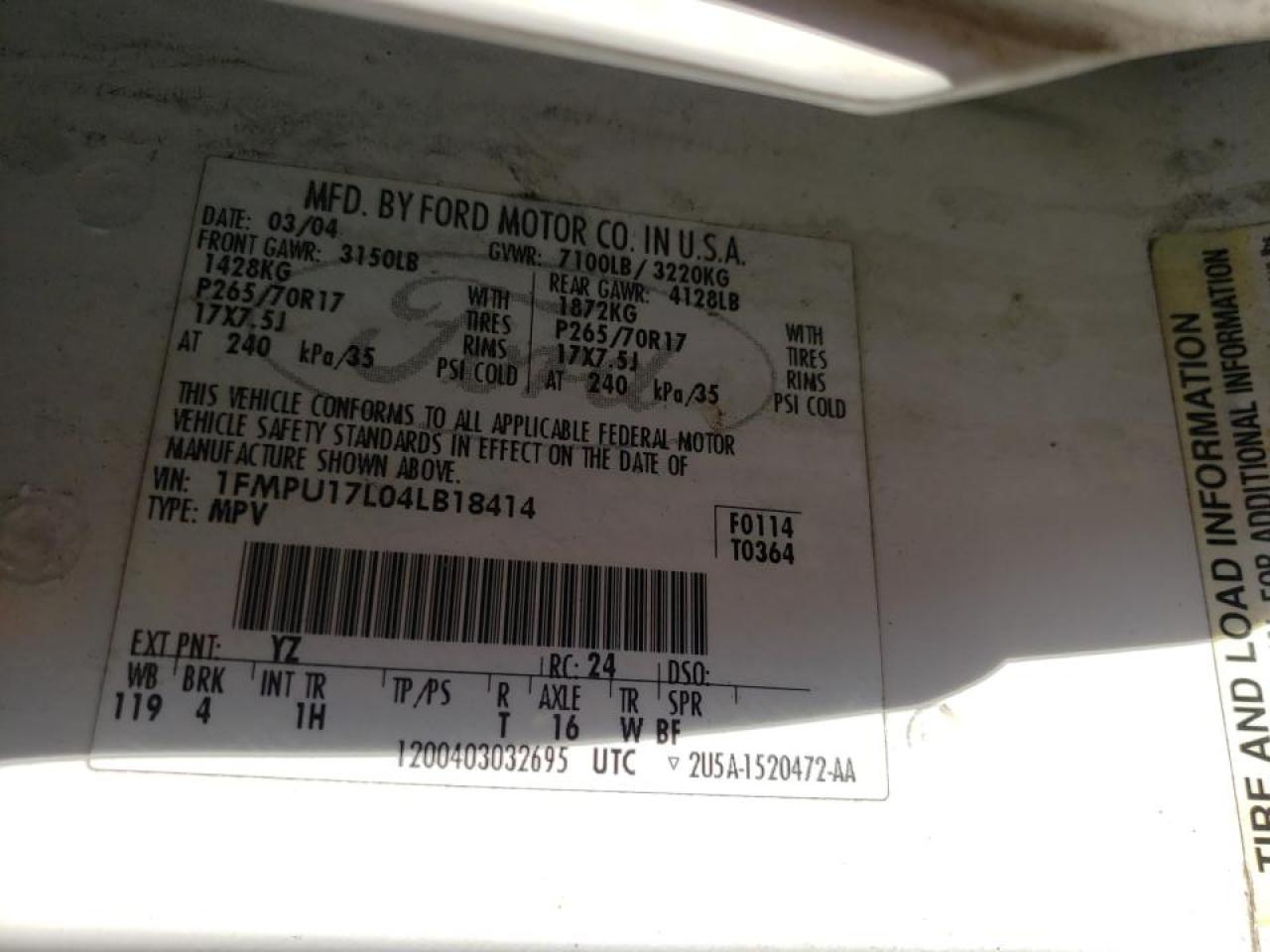 Photo 10 from auction – 2004 FORD EXPEDITION with VIN 1FMPU17L04LB18414
