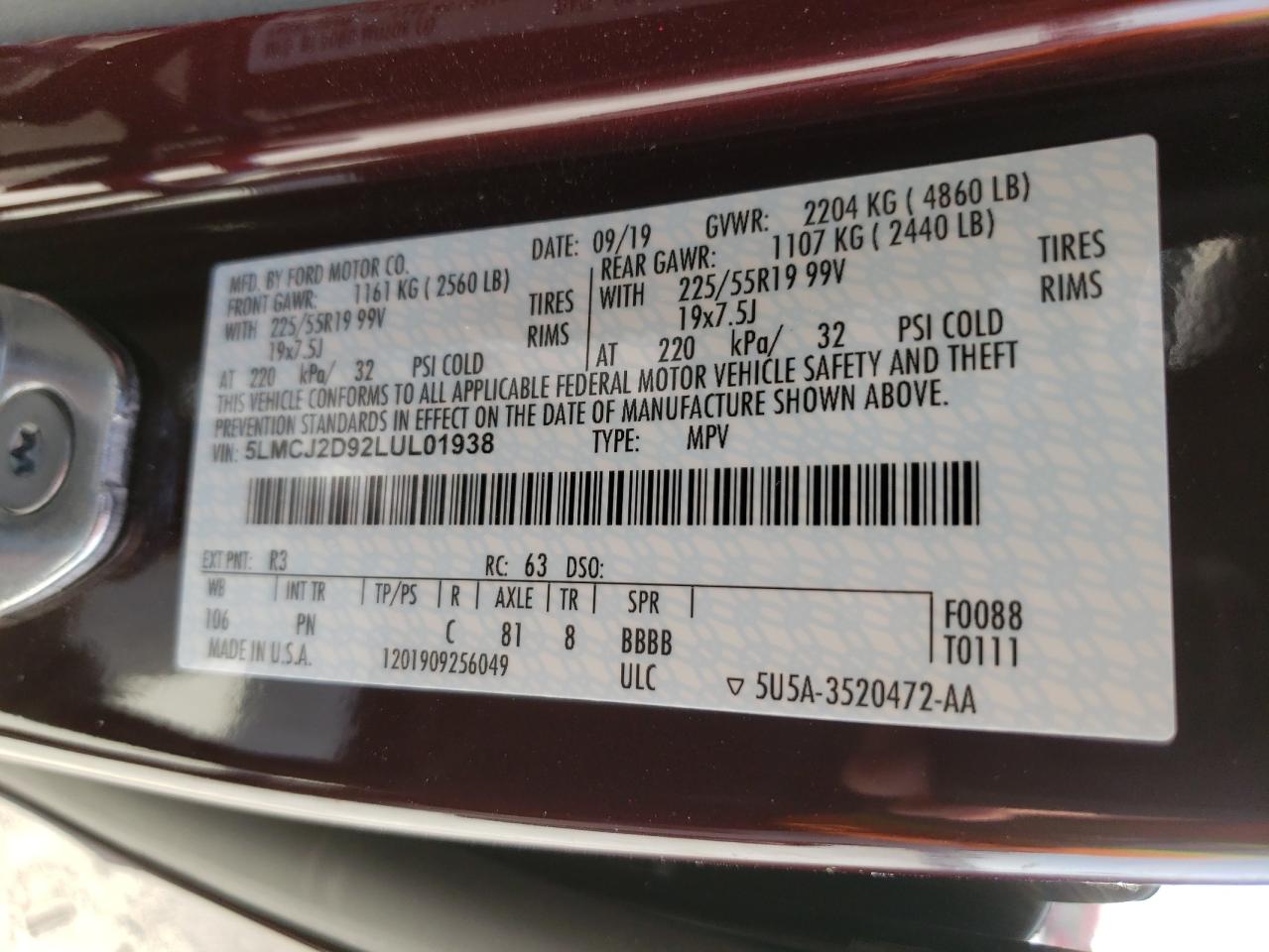Photo 10 from auction – 2020 LINCOLN CORSAIR RE with VIN 5LMCJ2D92LUL01938