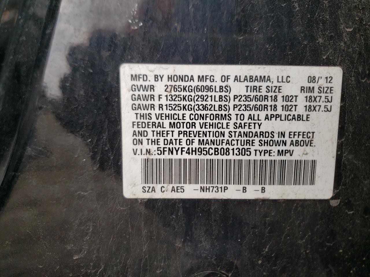 Photo 10 from auction – 2012 HONDA PILOT TOUR with VIN 5FNYF4H95CB081305