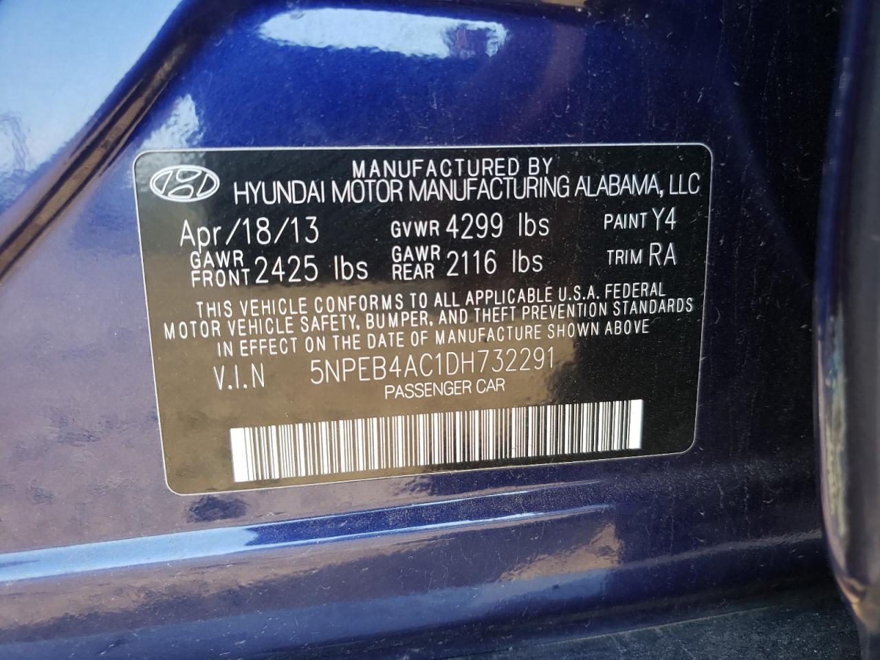 Photo 10 from auction – 2013 HYUNDAI SONATA GLS with VIN 5NPEB4AC1DH732291