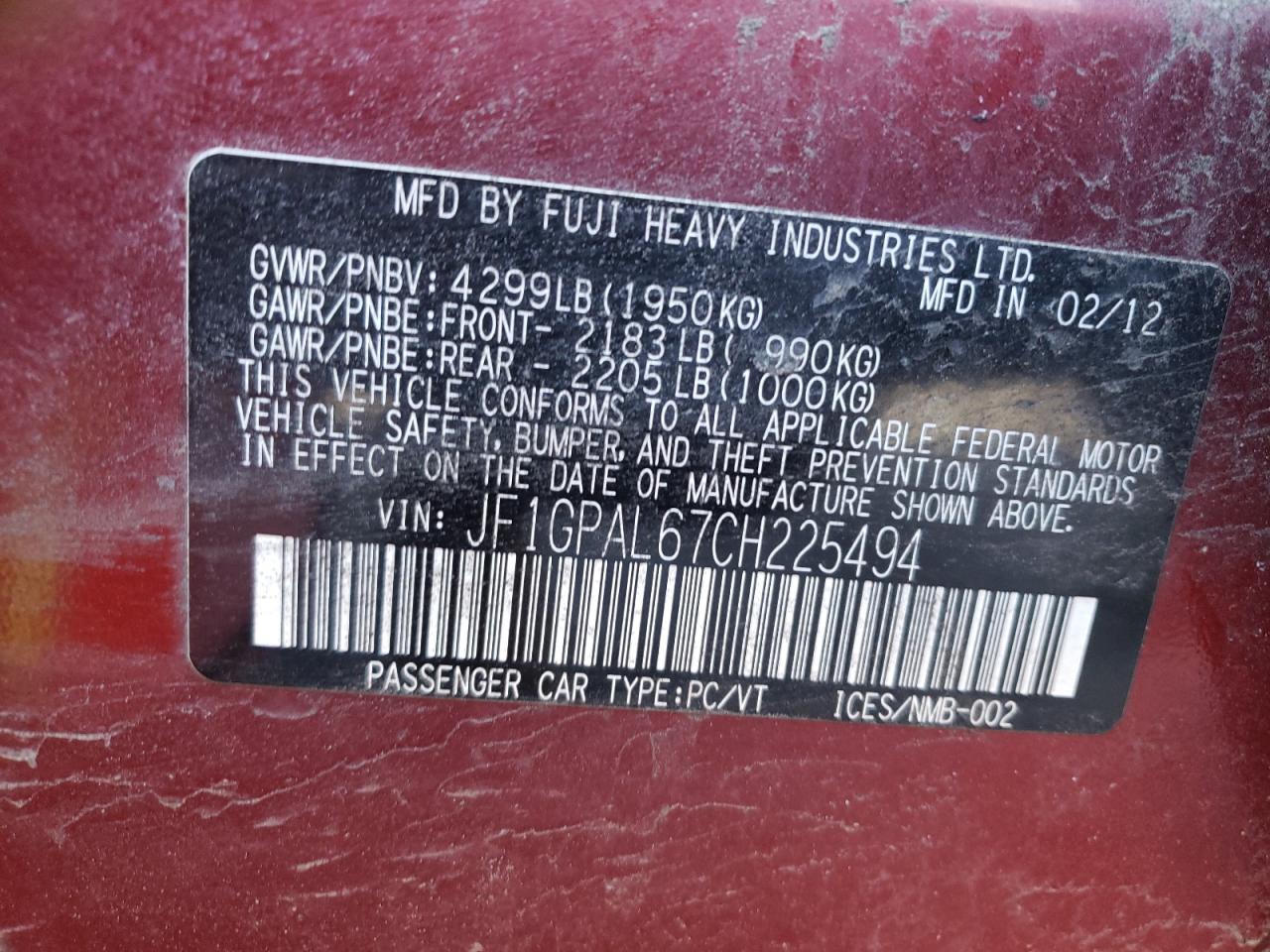 Фото 10 с аукциона – 2012 SUBARU IMPREZA SP с VIN JF1GPAL67CH225494