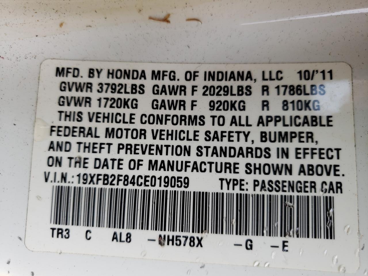Photo 10 from auction – 2012 HONDA CIVIC EX with VIN 19XFB2F84CE019059