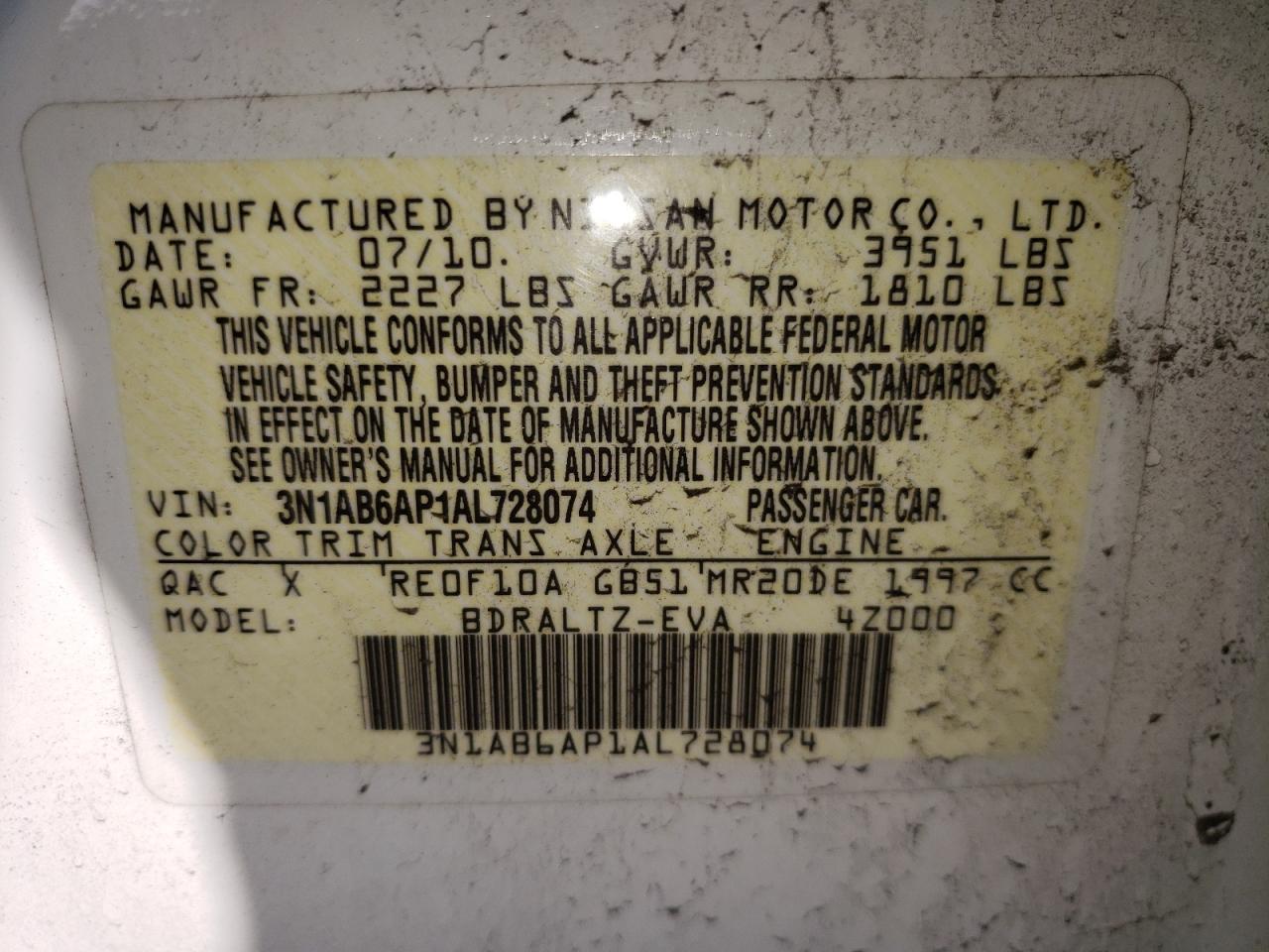 Photo 10 from auction – 2010 NISSAN SENTRA 2.0 with VIN 3N1AB6AP1AL728074