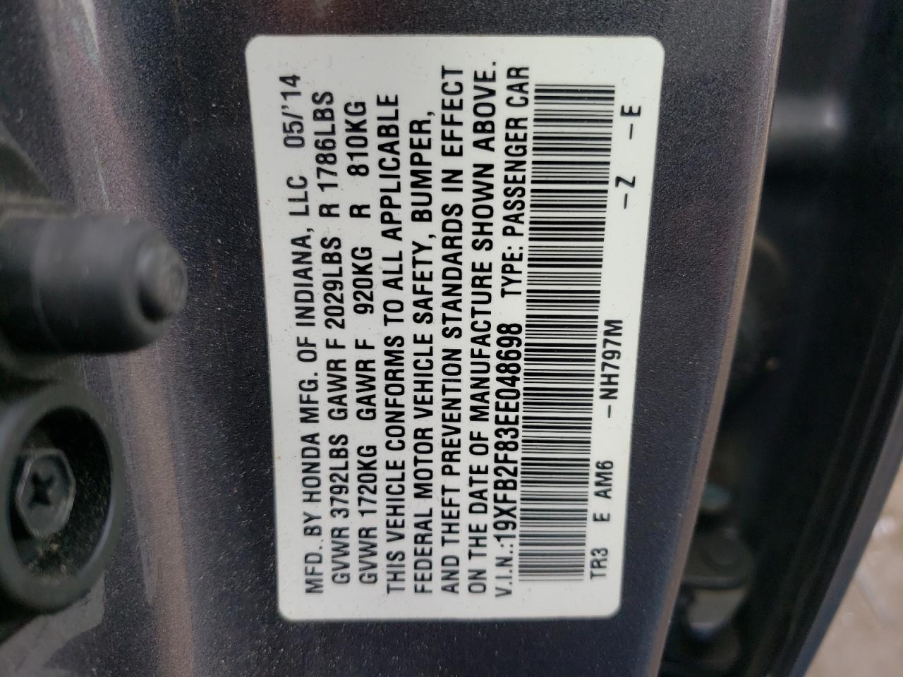 Photo 10 from auction – 2014 HONDA CIVIC EX with VIN 19XFB2F83EE048698